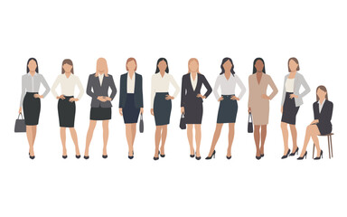 Fototapeta premium Nine women in business attire standing in a row with one sitting