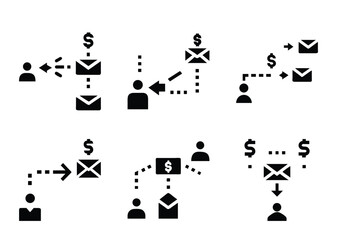 Illustrations depicting financial transactions via digital mail, illustrating various economic transfers