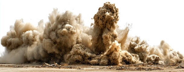 A cloud of brown dust and debris erupts from a ground surface