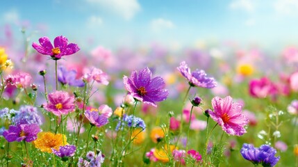 Obraz premium Vibrant floral meadow featuring colorful blossoms under a clear blue sky, perfect for springtime and nature themes