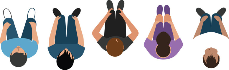 Five People Lying on Backs with Legs Raised in Different Colors