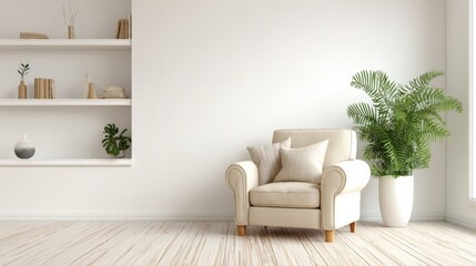 Elegant Interior with Armchair, Plant, and Shelving for Modern Home Design Concepts