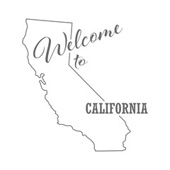 Welcome to California. Outline of the state with a welcome inscription. A template for covers, banners, posters, and posters.