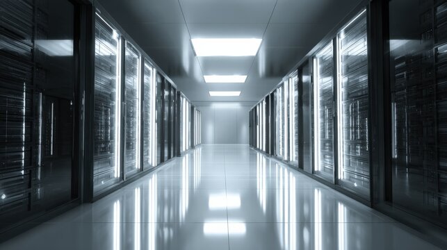 Data center server room featuring modern equipment racks, network infrastructure and controlled environment for processing and storage - Powered by Adobe
