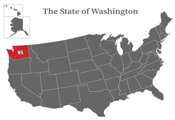 The state of Washington on the map of the United States of America is highlighted in red. States of the USA with borders on a general map