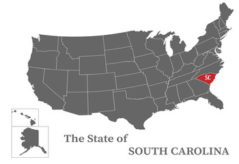 The state of South Carolina on the map of the United States of America is highlighted in red. States of the USA with borders on a general map