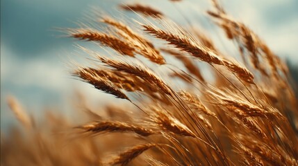 Fototapeta premium Golden Wheat Field Swaying in the Wind Under a Cloudy Sky, Symbolizing Abundance and Harvest
