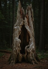 Fototapeta premium A striking view of an ancient, weathered tree trunk featuring a large, natural hollow cavity in a deep forest setting. Natural decomposition ,woodland ,root ,decomposed