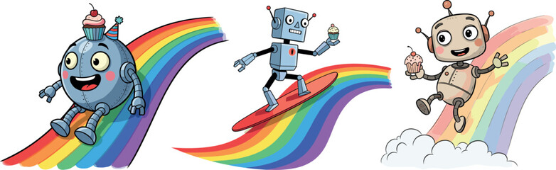 Happy Cartoon Robot Mascot Sliding on Rainbow Slide with Cupcake Vector Illustration - Technology, Fun, Party, and Children's Play Concept