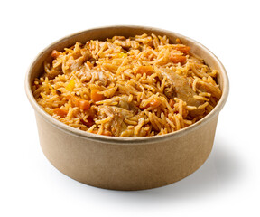 take away box of spicy rice with chicken meat and carrots