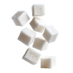 Ten Falling White Sugar Cubes Against Isolated Background