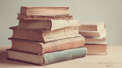 Stacked Antique Books on Wooden Surface: Vintage Literature, Education, and Nostalgia Still Life