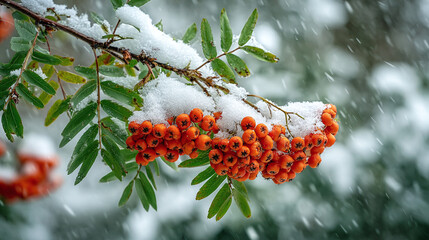 First Snowfall in the City with Rowan Berries on Snow-Covered Branches and Green Background