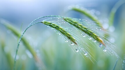 Fototapeta premium Dew Drops on Green Wheatgrass: A Fresh, Serene Morning Close-Up for Natural Beauty