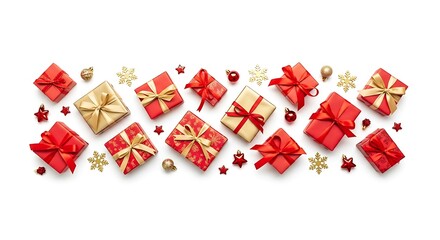 Festive Red and Gold Christmas Gifts and Ornaments Arranged on White Background