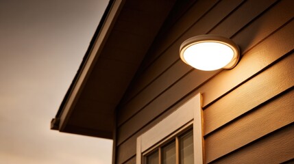 Fototapeta premium Exterior Wall Light Fixture Illuminating House Facade at Dusk, Enhancing Curb Appeal and Home Security