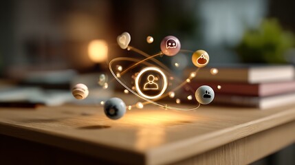 Loyal customer icons softly orbiting a central brand symbol above desk, warm premium lighting, clean background blur