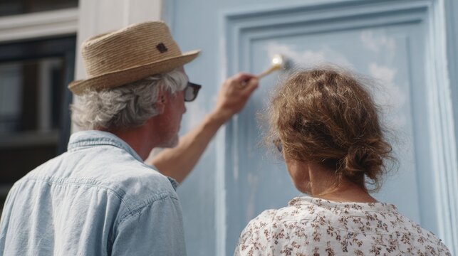 Elderly man and a young woman standing in front of a blue door. the man is wearing a straw hat and a denim shirt, and he is holding a paintbrush and appears to be painting the door with it. - Powered by Adobe
