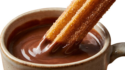 Sweet Churros Dipped in Rich Chocolate Sauce. Delicious dessert treat with warm molten chocolate.