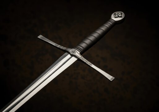 An ornate two-handed medieval longsword featuring a polished steel blade and heavy crossguard, isolated against a dark, historical background ,isolated ,medieval ,sharp