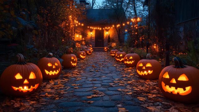 A cozy Halloween scene with carved pumpkins glowing along a stone path leading to a house decorated with string lights, symbolizing festivity, autumn spirit, tradition, and magic of spooky celebration