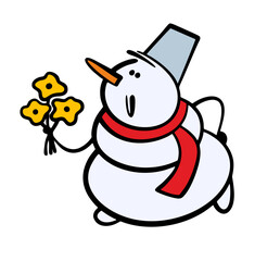 Romantic snowman with a carrot for a nose and a bucket on his head came on a date with a bouquet. Vector illustration of a fairy-tale character giving spring flowers to his beloved.