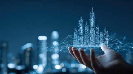 Futuristic Cityscape on Hand with Digital Connectivity, Representing Smart City Technology and Urban Innovation in Blue