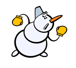 Funny aggressive snowman in a winter battle with a rival. Vector illustration of a fabulous character in boxing gloves fighting in the ring, defeating the enemy. Cartoon athlete.
