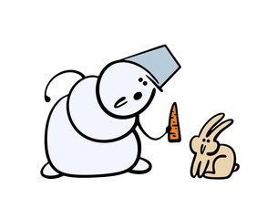 Friendly cartoon snowman gives a bunny his nose and a carrot for the new year. Vector illustration of rabbit and food. Healthy vegetable for a hungry pet, feed the animal in the forest at Christmas.