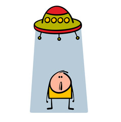 Flying saucer from outer space flew in and abducted a man from Earth. Vector illustration of a confused cartoon stickman and insidious aliens in the sky are shining from a UFO, attracting upward.