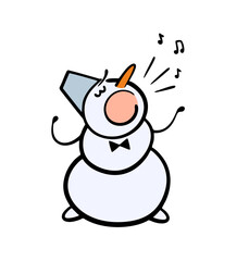Winter concert, a talented snowman loudly sings a Christmas carol. Vector illustration of an artist performing a concert in a theater. oty, melody and art.