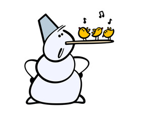 Cartoon friendly snowman with a long nose made of a wooden stick invites friends to visit. Vector illustration of funny birds sitting on a branch and singing songs. Christmas winter choir and hymns.
