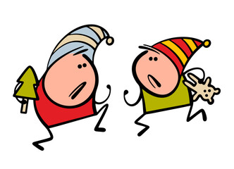 Ruined winter holiday, Christmas or New Year. Vector illustration of aggressive and dissatisfied children fighting over toys and gifts. An unpleasant situation with dwarves and elves in caps.