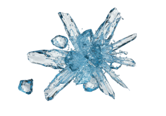 Hyperrealistic extreme macro shot of razor-sharp, crystalline ice shards with luminous electric blue tint suspended in a dynamic explosion against a white void. concept for cold refreshment