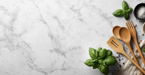 Overhead shot of marble counter with herbs and kitchen utensils