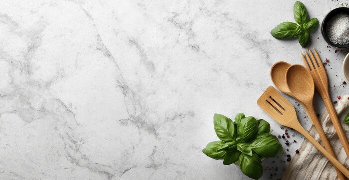 Overhead shot of marble counter with herbs and kitchen utensils
