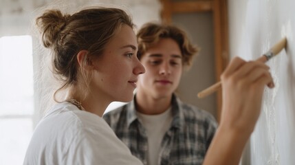 Young man and a young woman painting a wall together. the woman is on the left side of the image, holding a paintbrush and is in the process of applying white paint to the wall.