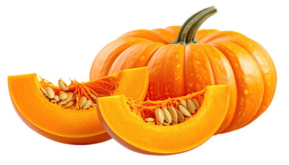 Bright orange pumpkin and two slices, isolated with a black background