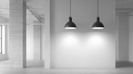 Naklejka premium Modern Industrial Interior with Pendant Lights and White Brick Column in a Spacious Room