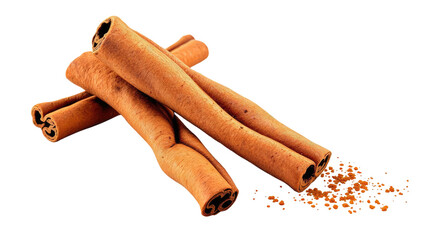 Close-up of several fragrant, textured cinnamon sticks and some powder