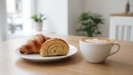 Freshly baked croissant pastry with flaky layers next to cup of latte art coffee