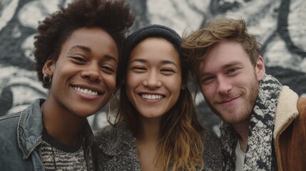 Fototapeta premium Three young people, two women and one man, standing close together and smiling at the camera. they are standing in front of a black and white graffiti-covered wall.