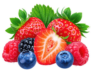 A vibrant cluster of mixed berries with leaves and translucent cut