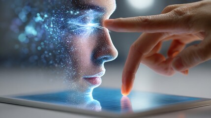 Human face silhouette reflecting on glass desk with biometric scan grid hovering above, analyst hand adjusting scan point, cinematic lighting