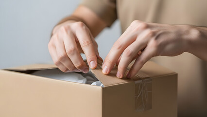 Person unpacking a cardboard box with hands and a neutral background  