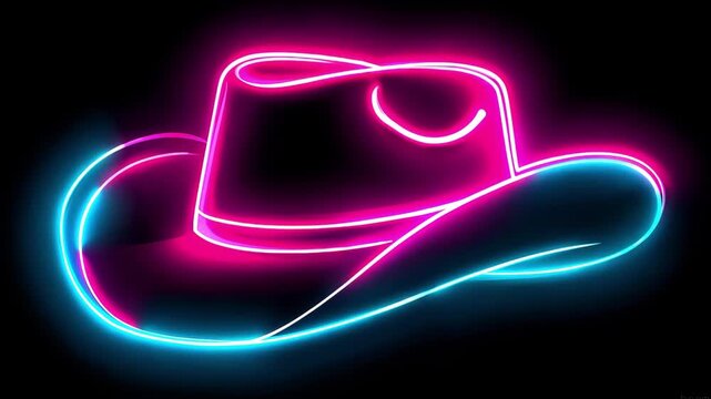 A vibrant neon cowboy hat outline with glowing colors against a dark backdrop, creating a captivating visual display