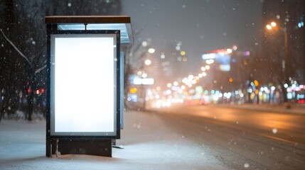 Blank Billboard at Bus Stop in Snowy Urban Setting at Nighttime Advertising Space