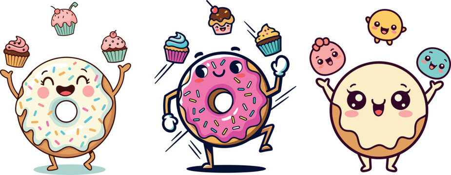 Happy Cartoon Donut Mascot Juggling Cupcakes and Sweets Vector Illustration - Dessert, Bakery, Party, and Food Fun Concept