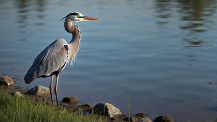 Fototapeta premium Elegant Great Blue Heron stands by serene water, showcasing its long neck, sharp beak, and striking plumage in natural habitat.