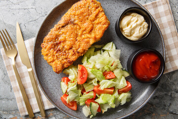 Sicilian Steak coated in Italian bread crumbs and sauteed in olive oil with salad and sauces closeup on the plate on the table. Horizontal top view from above